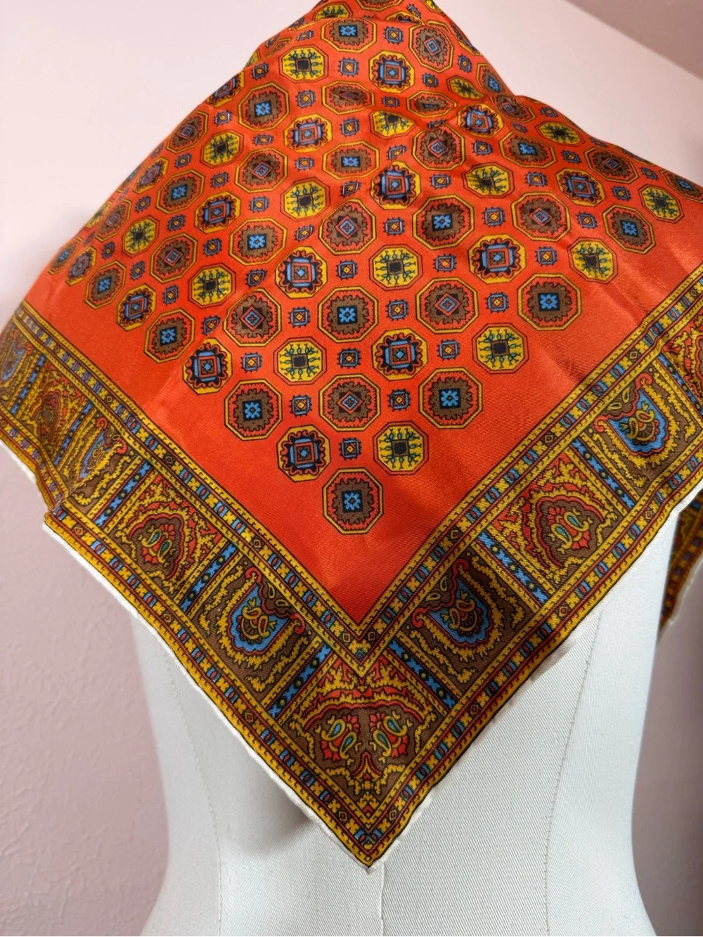 Vintage Art deco burnt orange blue geometric modernist square scarf